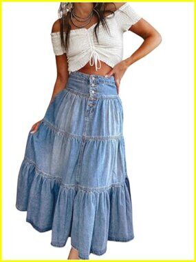 Women's High Waist Long Denim Skirt - Tiered Ruffle Swing A-Line Maxi Jean Skirt